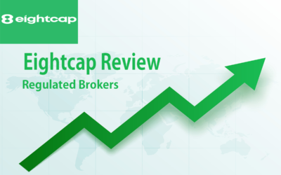 Graphic featuring the text 'Eightcap Review' and an upward trending arrow on a light background.