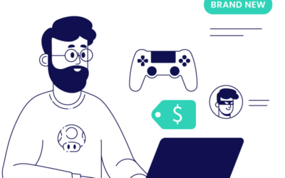 Illustration of a person with a beard using a laptop, displaying a game controller and a price tag on the screen.
