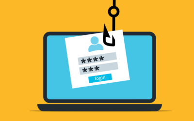 Illustration of a laptop displaying a phishing login form with a hook above it.