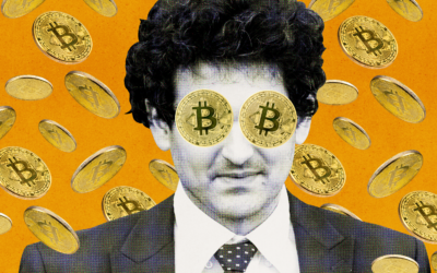 A man in a suit with Bitcoin coins superimposed over his eyes against an orange background.