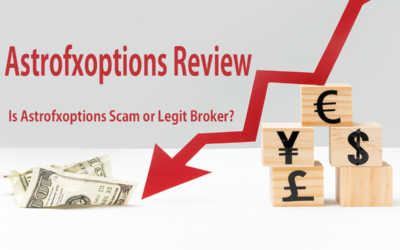 Graphic featuring currency symbols and a rising arrow with text about Astrofoptions review.