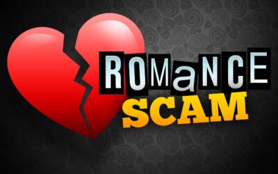 Graphic featuring a broken heart and the words 'Romance Scam' in bold letters.